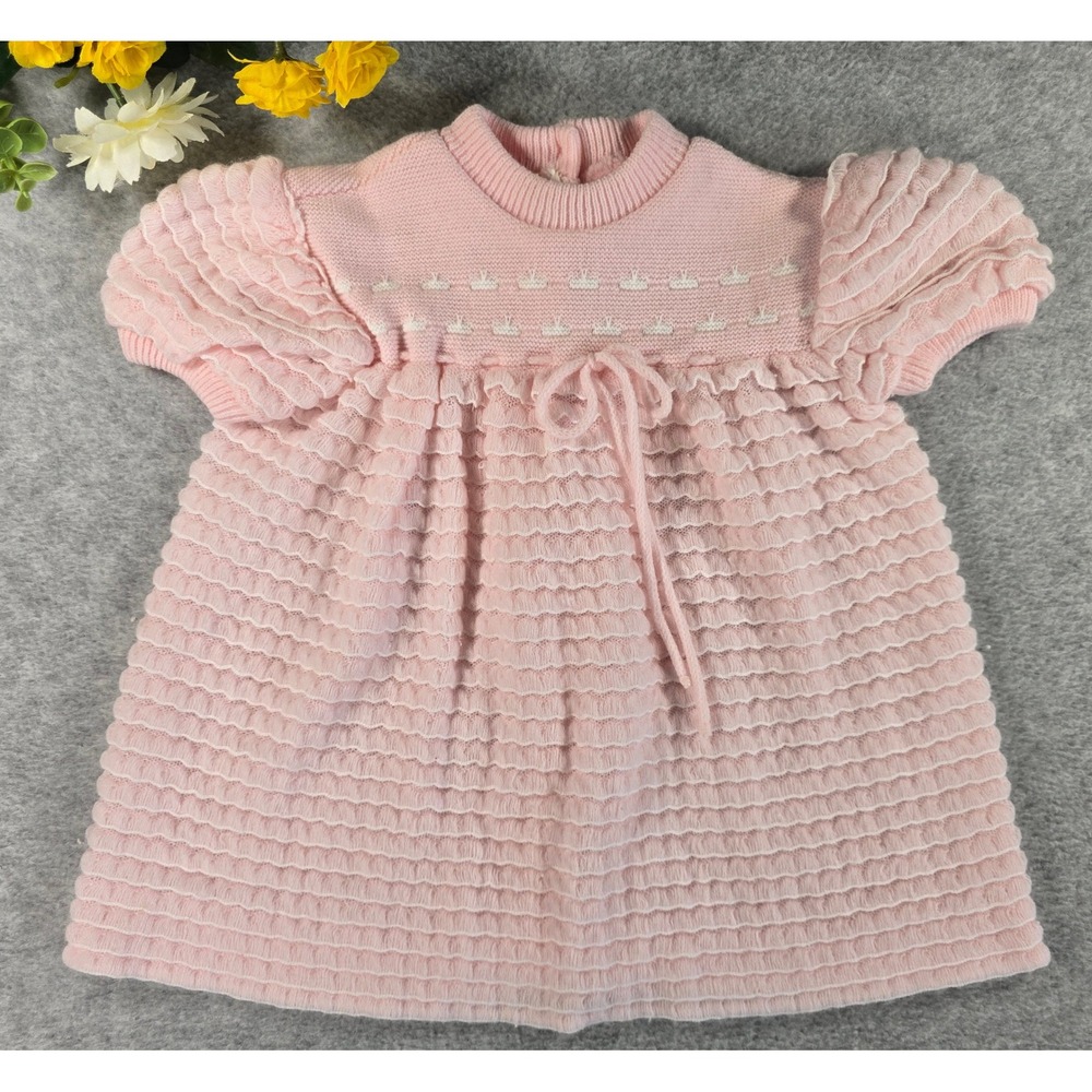 Vintage 80s Pink Knit Ruffle Baby Dress Made in Portugal Acrylic Pointelle 6-12m